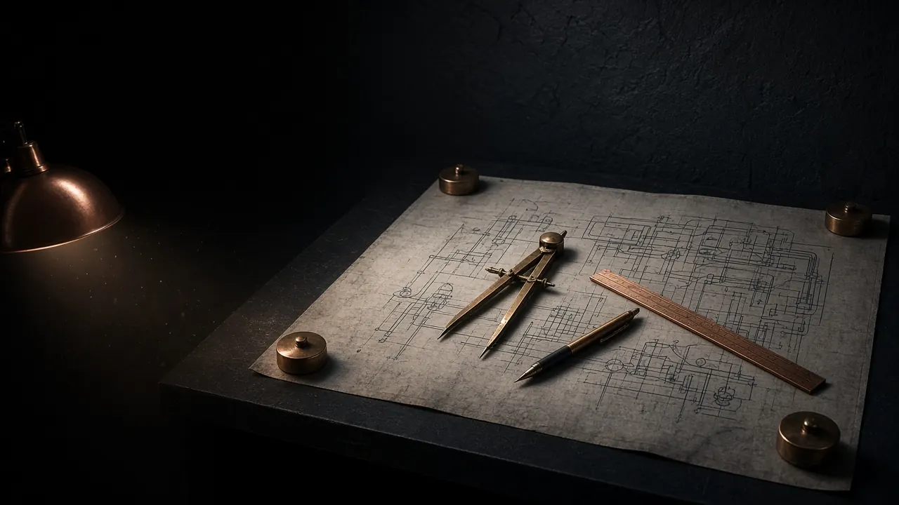 A drafting table at night with an unrolled systems blueprint, brass dividers, and a copper rule