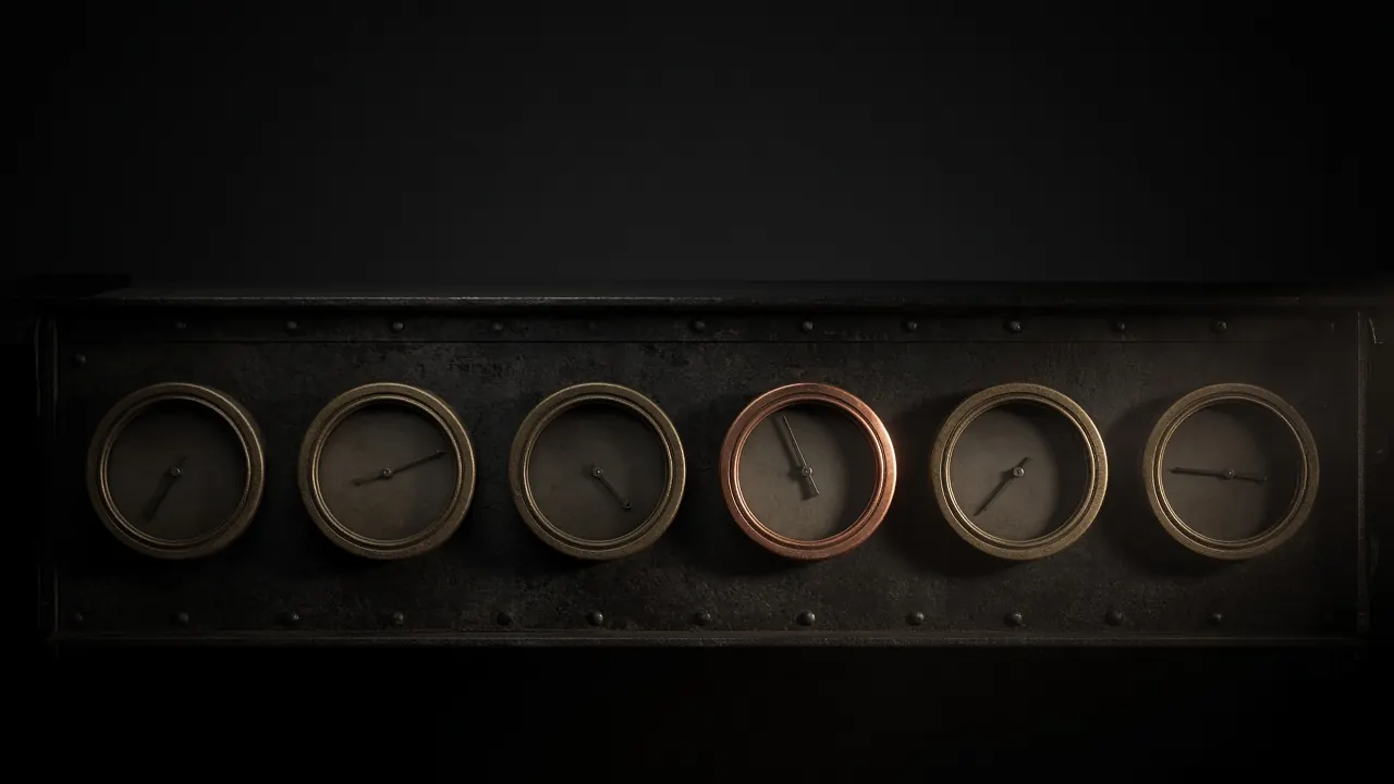 Six brass gauges on a dark panel, one ringed in copper