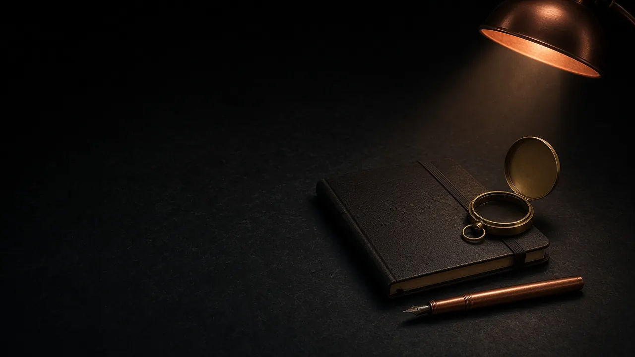 An open notebook, a brass compass, and a copper pen under a desk lamp