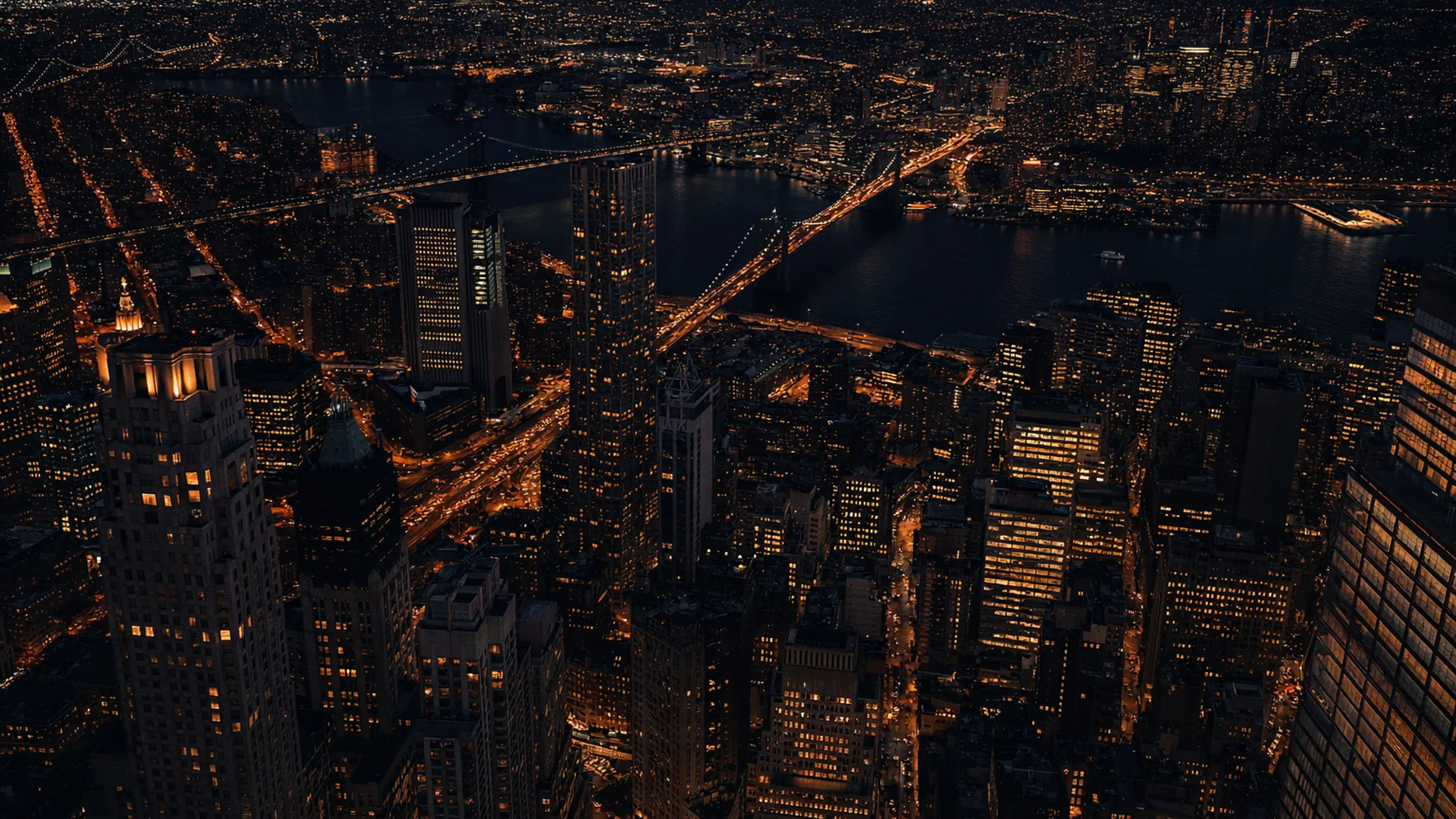 New York City at night, a grid of lit windows
