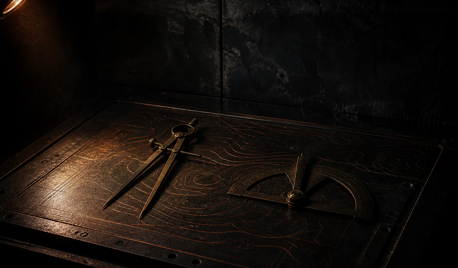 A machined plotting board engraved with copper contour lines, a brass caliper and protractor laid across it