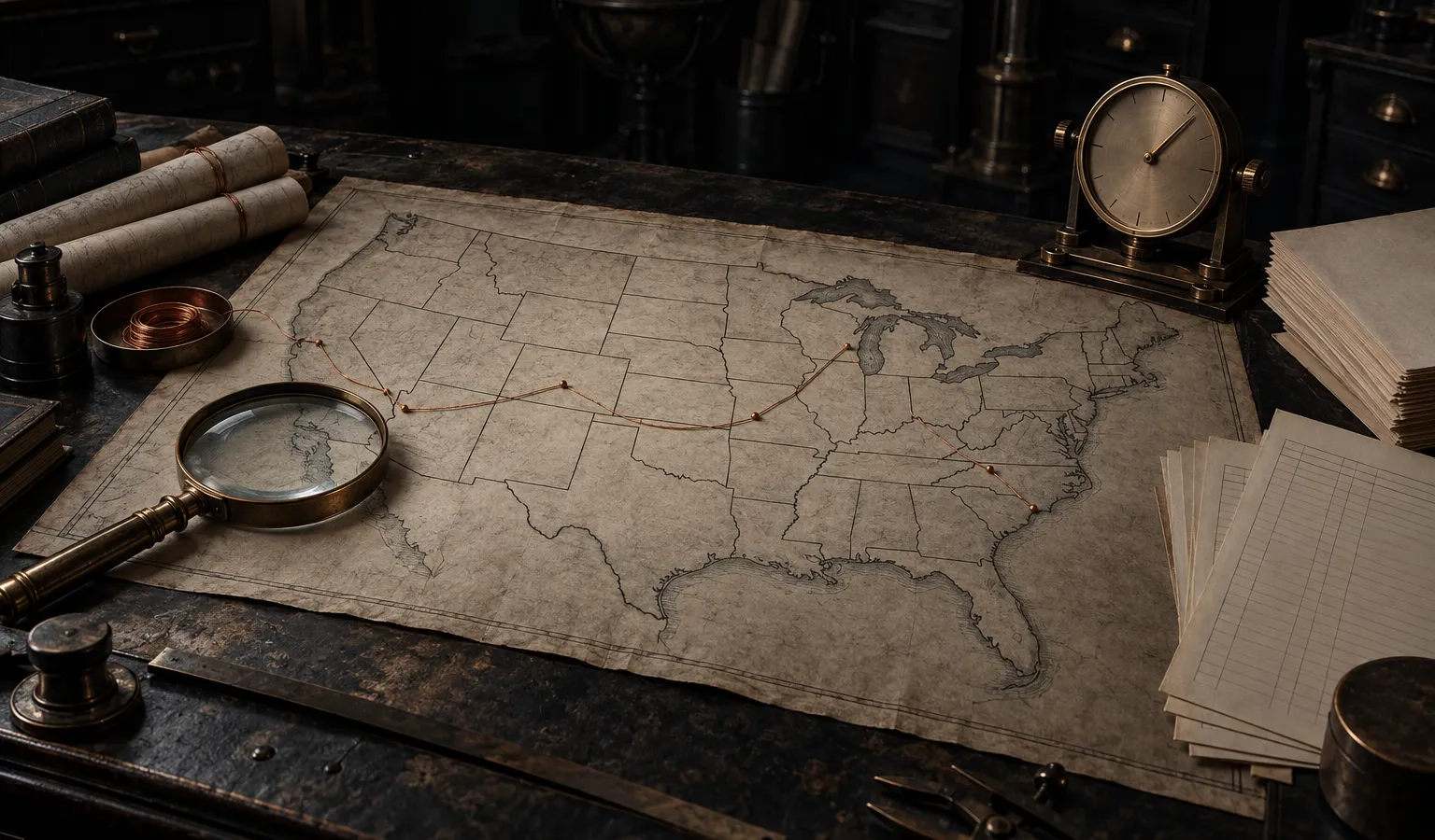 An engraved map of the United States under a brass magnifier on a dark archive table, ledger sheets fanned beside it