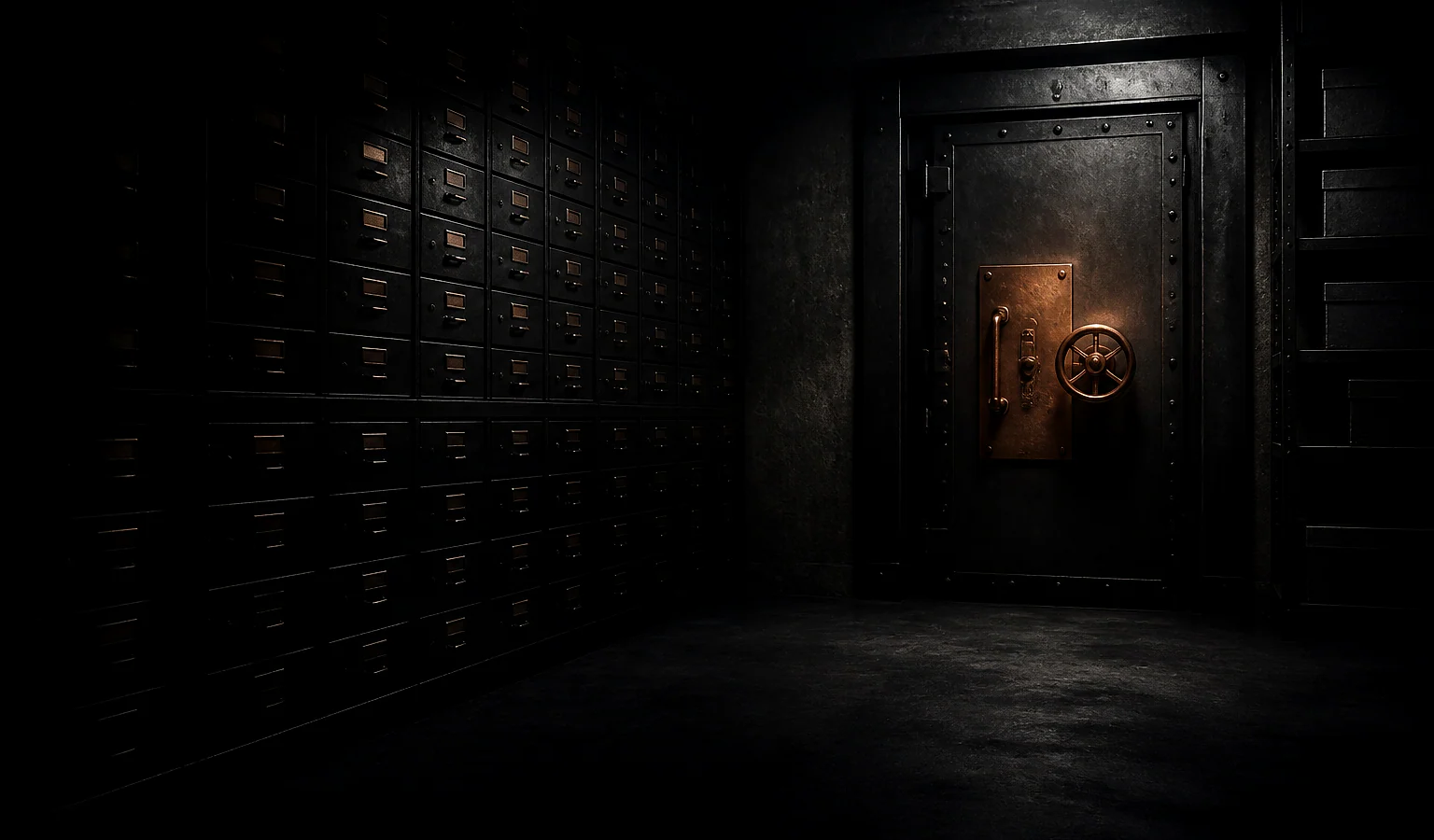A secure archive strongroom of steel filing drawers beside a heavy vault door with a copper lock wheel