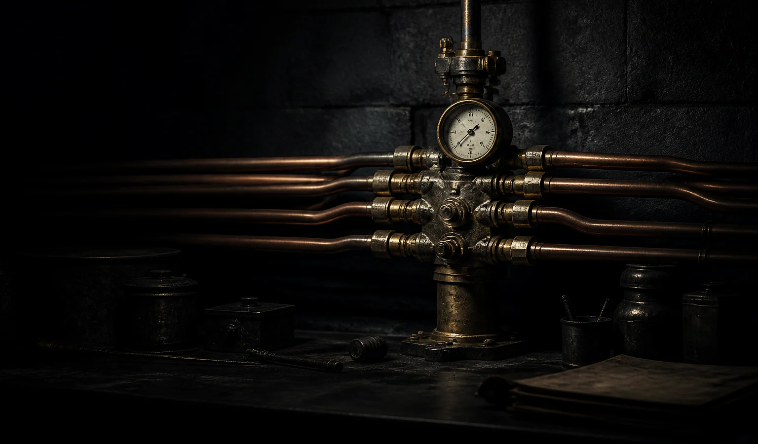 A brass-and-steel manifold where many copper pipes converge into a single central valve and gauge