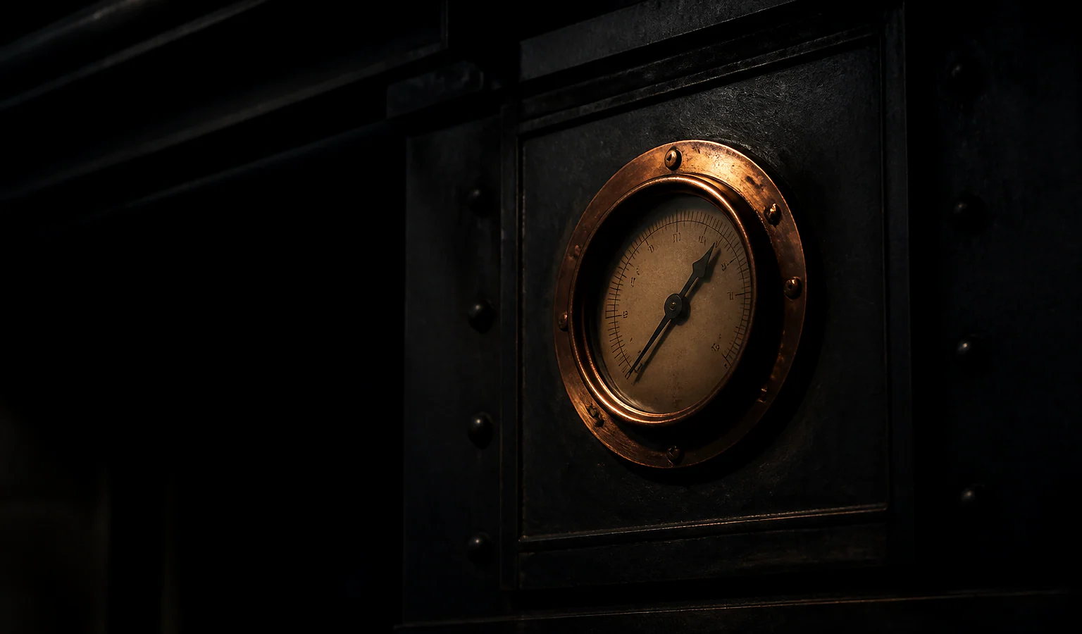 A single precision copper gauge set flush into a riveted blackened-steel control panel