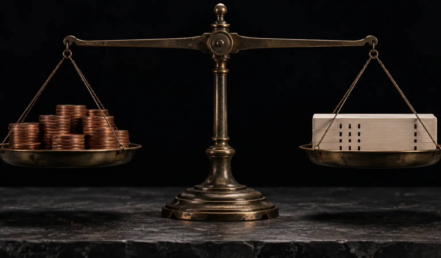 An antique brass balance scale weighing copper coins against a stack of punched cards