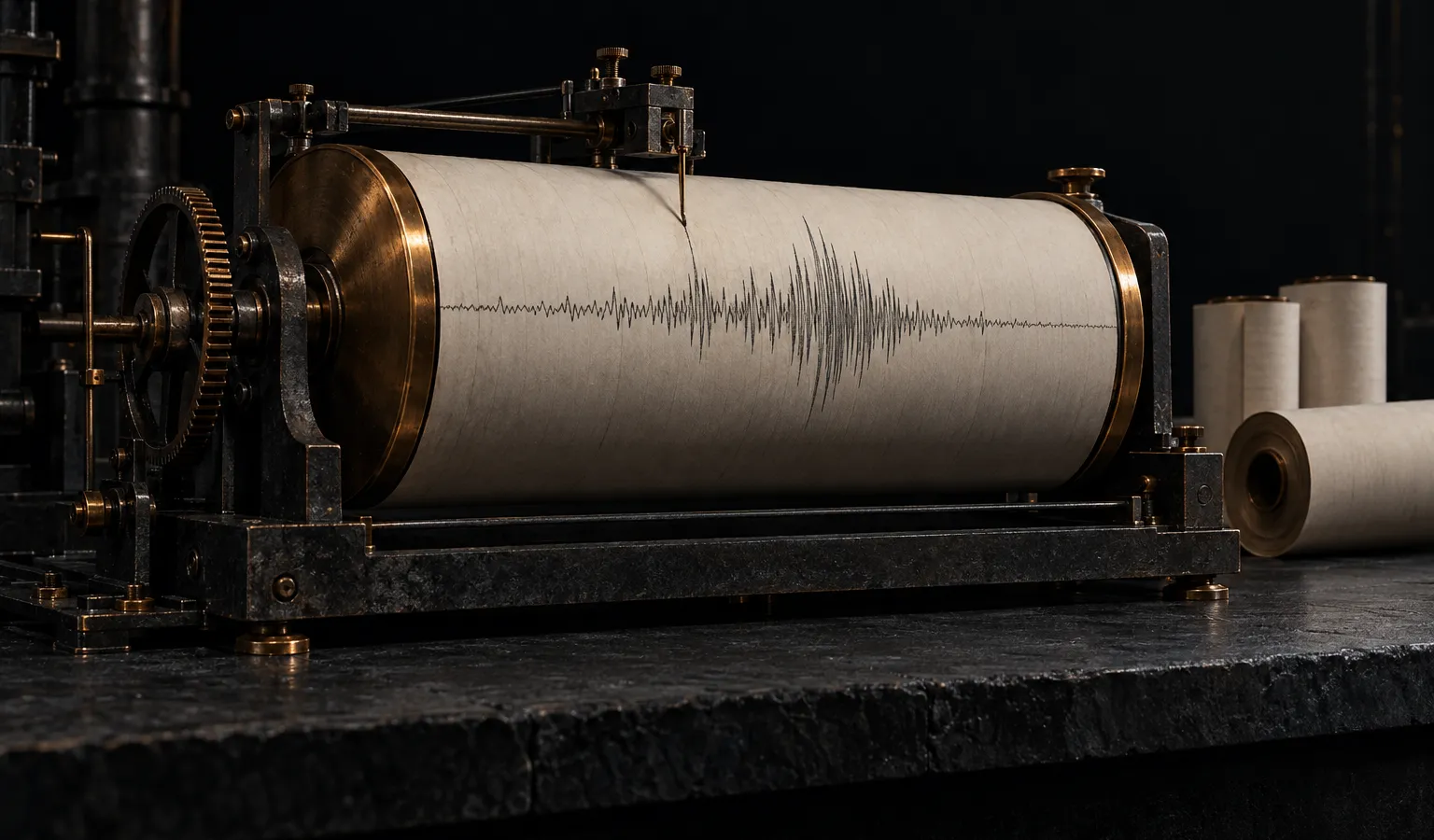 An antique drum recorder tracing a long waveform on paper around a brass drum
