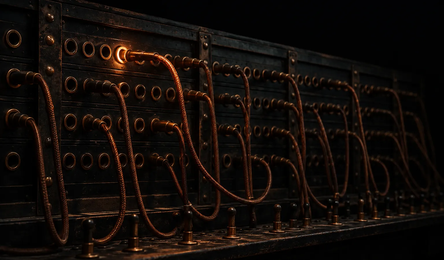 A vintage telephone switchboard with brass jacks and copper patch cords, one connection glowing