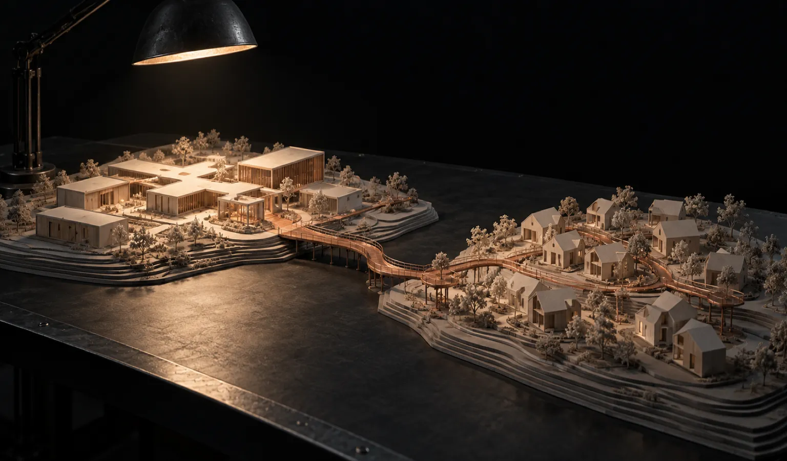 Paper and wood architectural models of a clinic campus and a residential community under a lamp