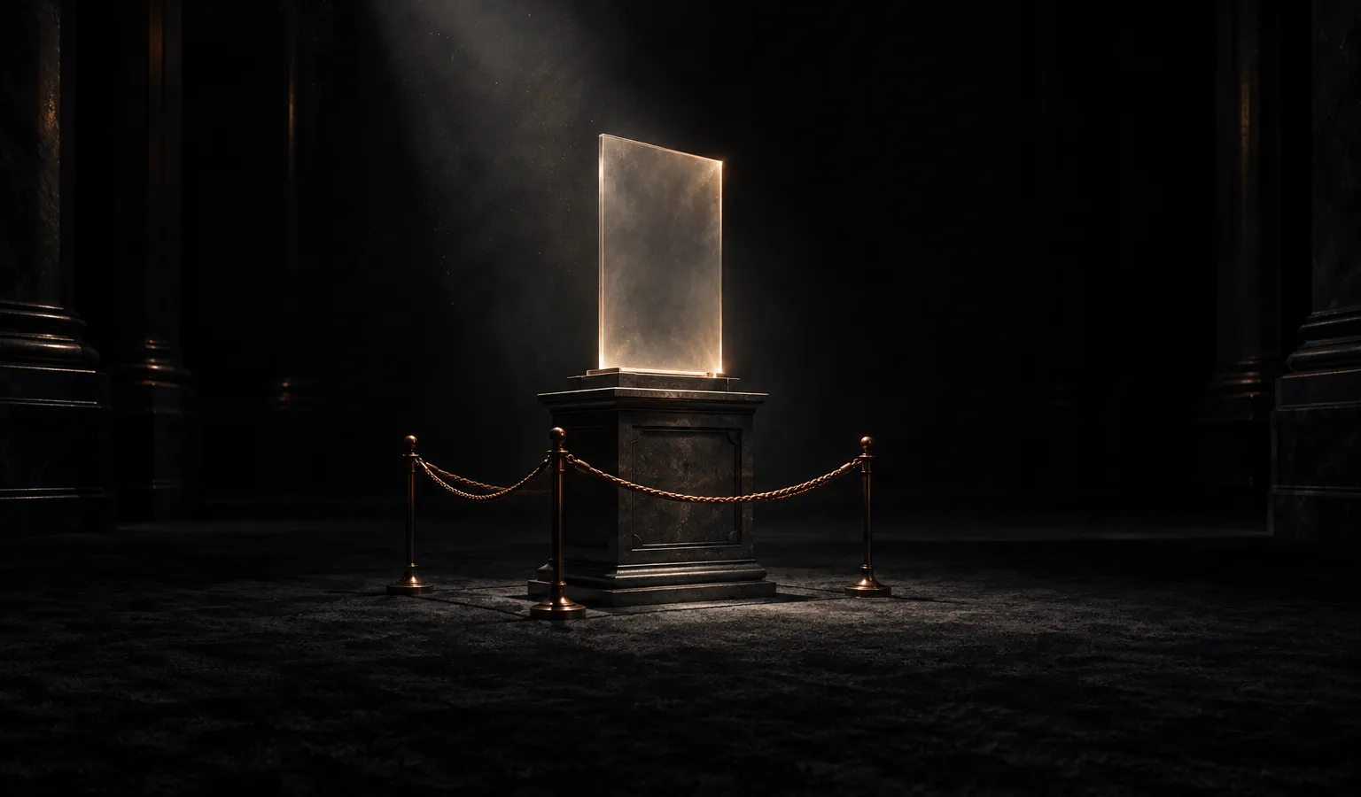 A single cast-iron display stand holding a glowing glass panel in a dark exhibition hall