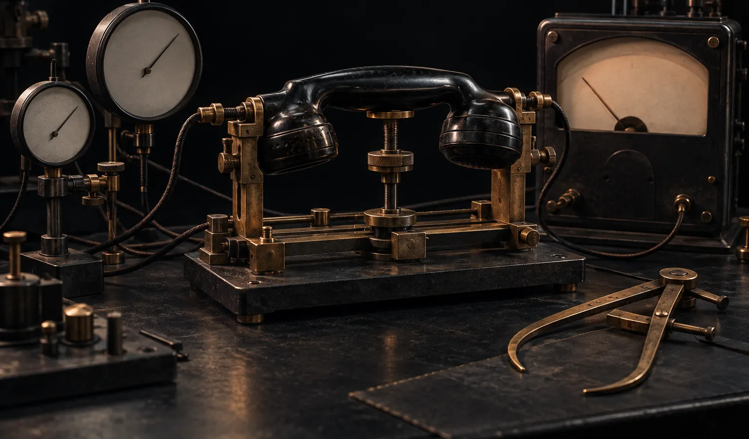 An antique telephone handset clamped in a brass test rig wired to dial gauges on a dark lab bench