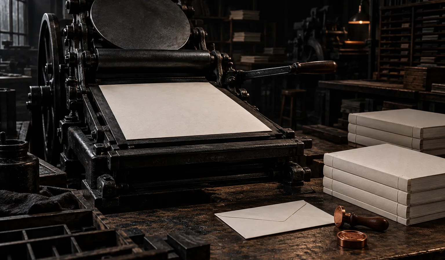 A cast-iron letterpress with stacks of bound proposals and a copper wax seal on the bench