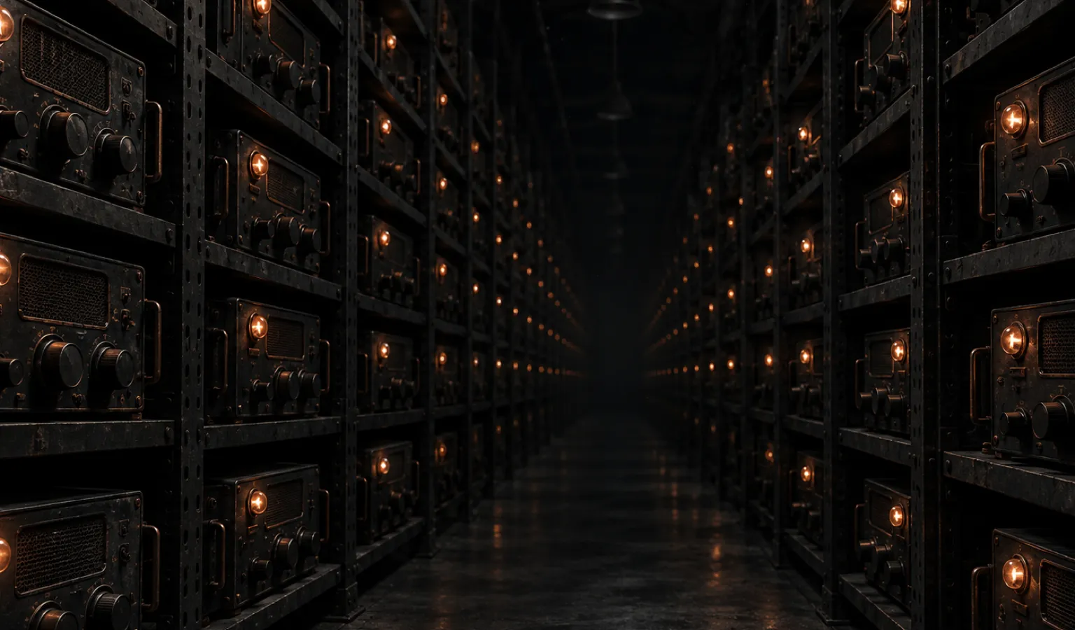 Tall steel shelving lined with identical vintage radio transceivers, each with a small copper lamp
